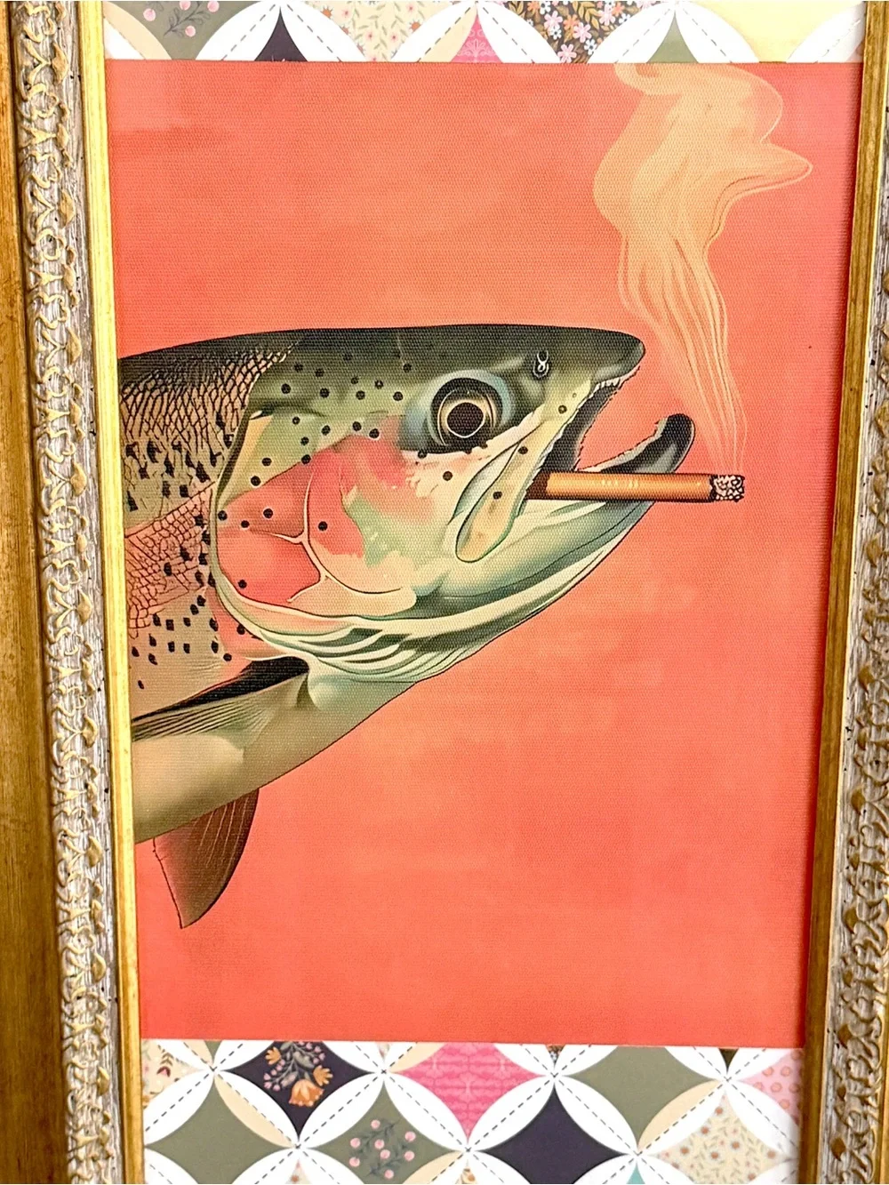 Trout Fish Smoking a Cigarette Vintage Style Canvas Wall Art Print Gold Framed